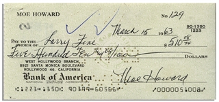 Moe Howard Check Signed to Larry Fine -- Endorsed by Larry on Verso -- Dated 15 March 1963 -- Very Good Condition